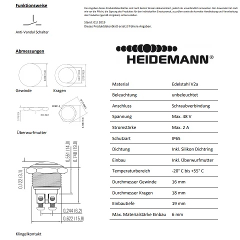 Einbau Klingeltaster V2A Edelstahl mit Schraubanschluss