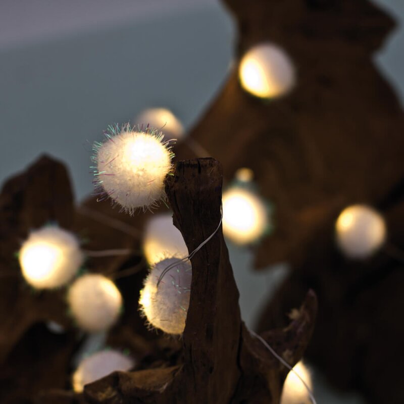 LED-Minilichterkette, 20 warmweiße LEDs, kleine glitzernde Plüschbällchen