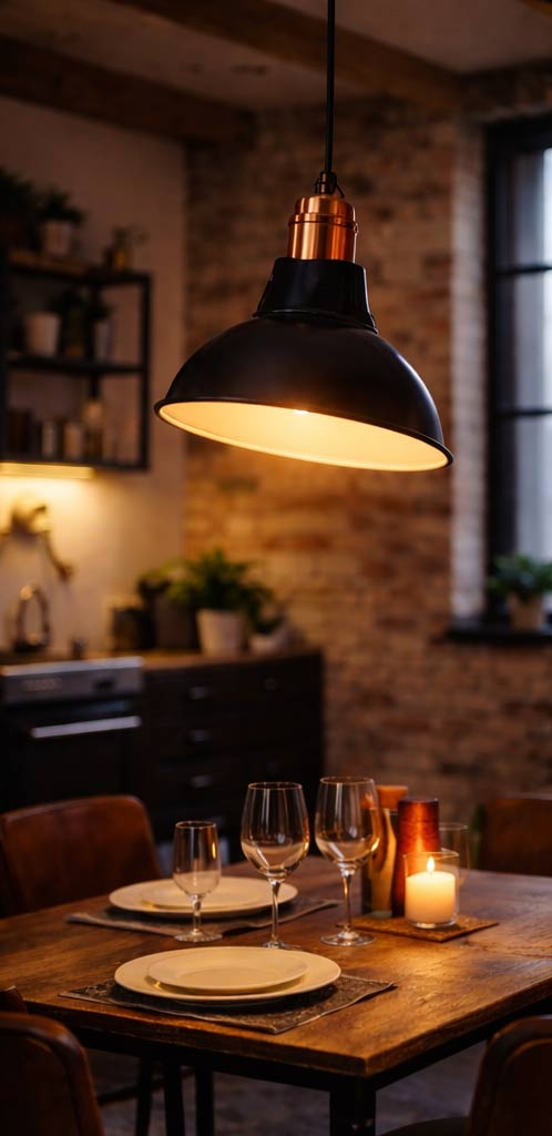 Lampenschirm Broadway aus Metall schwarz über Esstisch im Industrial Stil