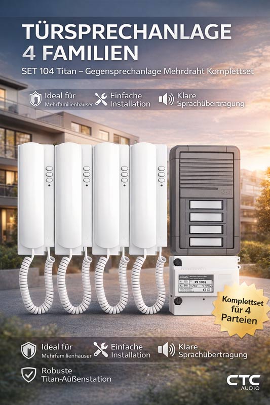Türsprechanlage für 4 Familien SET 104 Titan Komplettset mit Mehrdraht-Technik, Außenstation und 4 Innenstationen